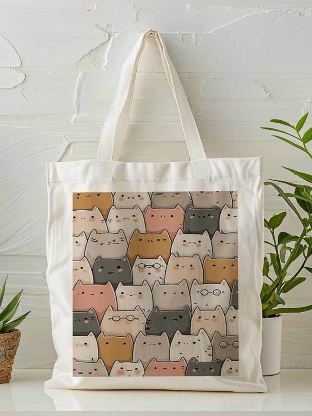 Cute Cat Pattern Canvas Tote Bag - White NWT.